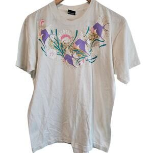 Vintage Fish Shell T-Shirt Womens Large White Ocean Sealife Beach Retro 90s